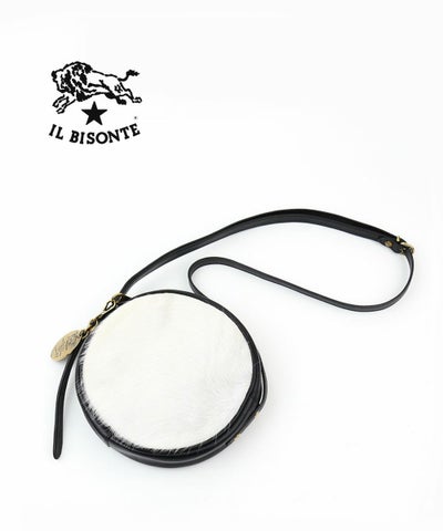 IL BISONTE(イルビゾンテ) レザー×ハラコ プレートチャーム付き ラウンド ショルダーバッグ サークルバッグ