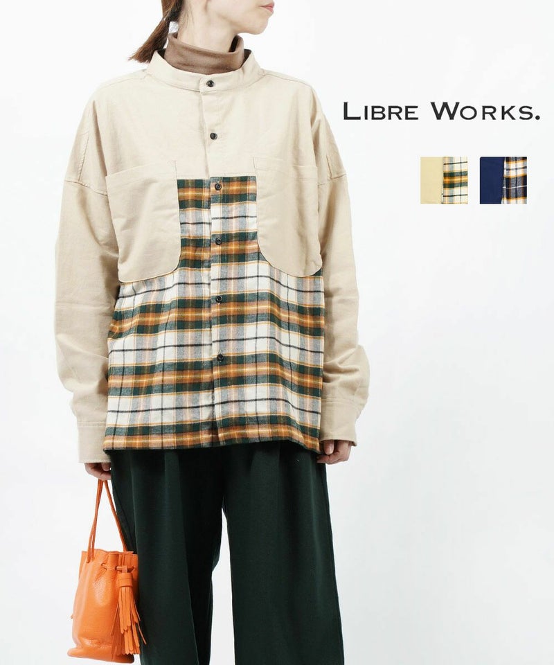 LIBRE WORKS(リブレワークス) 先染20sビエラチェック×ネル表面起毛 チェック柄 切り替えシャツ オーバーサイズシャツ ベージュ(60)