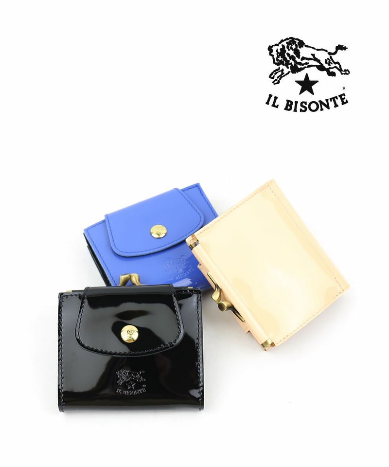 IL BISONTE(イルビゾンテ) パテント エナメル レザー フラップ付き がま口 二つ折り財布 ウォレット ブルーマリノ(34)
