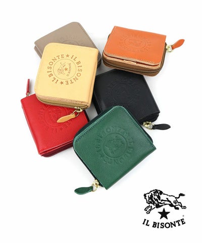 IL BISONTE(イルビゾンテ) レザー ビッグロゴ型押し ラウンドファスナー 二つ折り財布 ウォレット