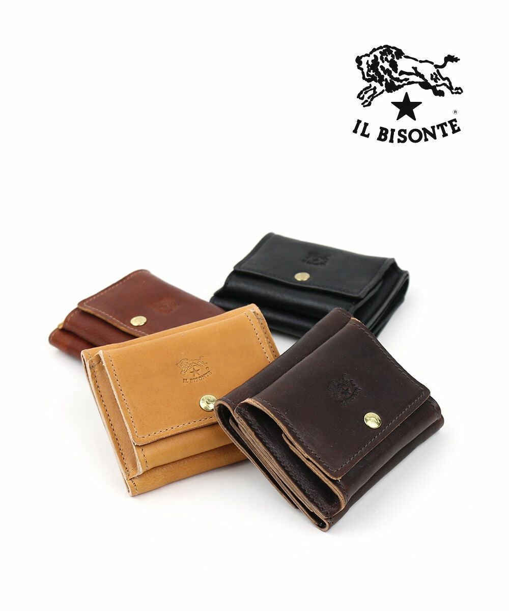 イルビゾンテ　三つ折り財布　トリフォルド　コンパクトウォレット　ロゴ型押し　本革 IL BISONTE（イルビゾンテ） フラップ コンパクト ウォレット 三つ折り