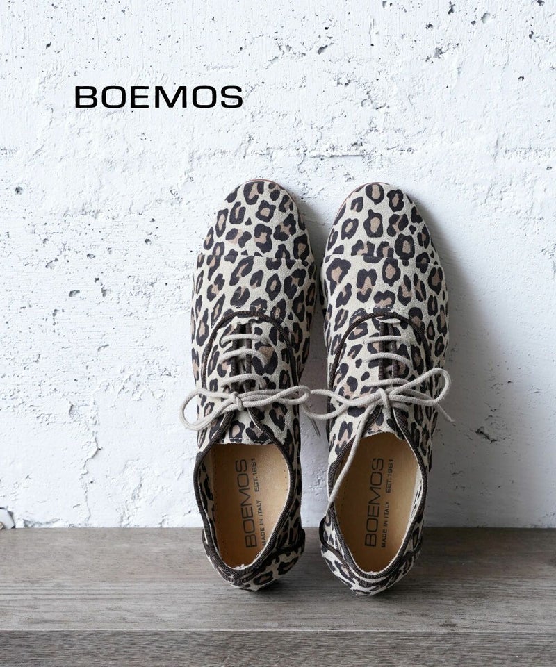 BOEMOS(ボエモス) スウェード レオパード柄 レースアップシューズ フラットシューズ 靴 ベージュ(82)