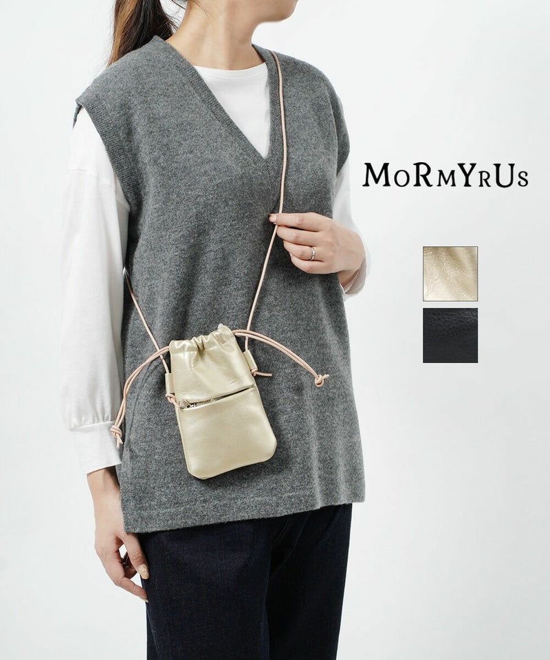 MORMYRUS(モルミルス) バッグ ショルダーバッグ ミニ 巾着 ポーチ レザー 本革 牛革 ブラック 黒 ゴールド 縦 シンプル カジュアル きれいめ 日本製 ミニポーチ サコッシュ ショルダーバッグ GOLD(GLD)