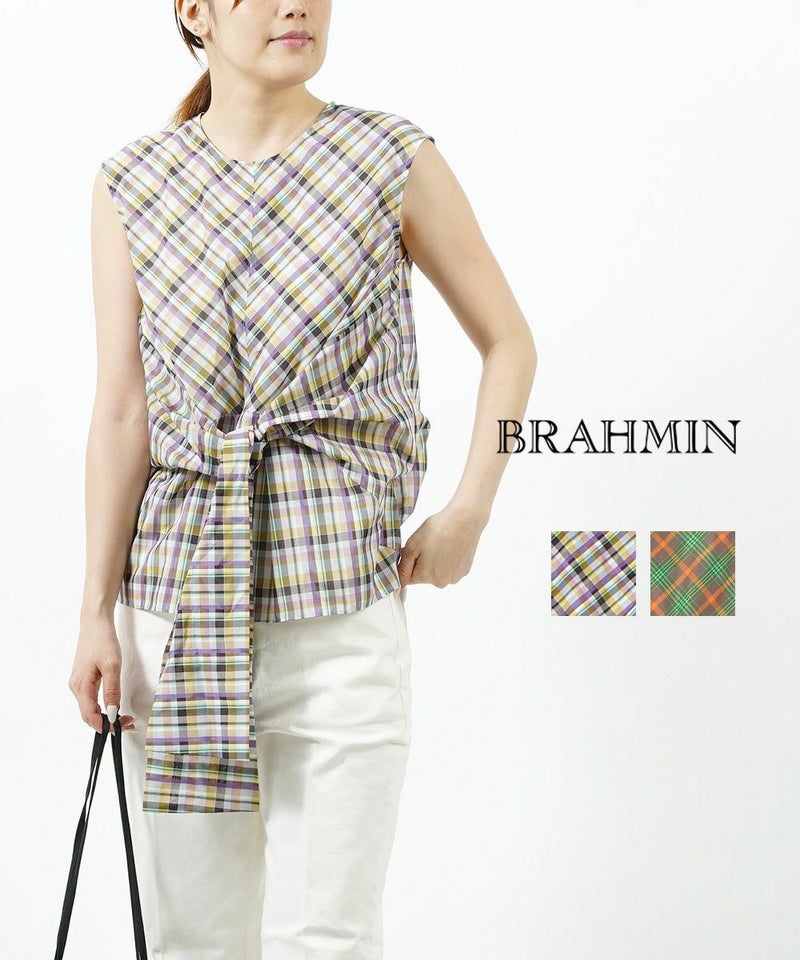 Brahmin(ブラーミン) 裾リボン チェック ブラウス ノースリーブブラウス イエロー×パープル系(A)