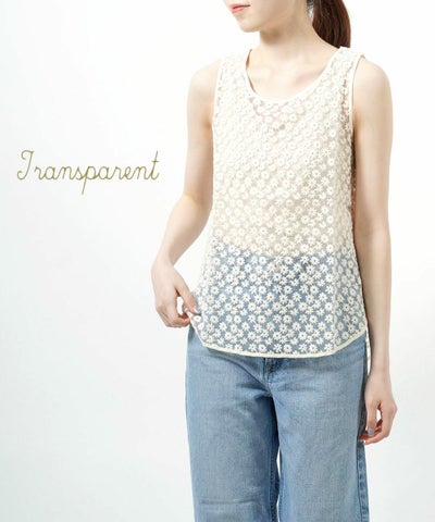 Transparent(トランスペアレント) コットン シースルー レース刺繍 タンクトップ ノースリーブ