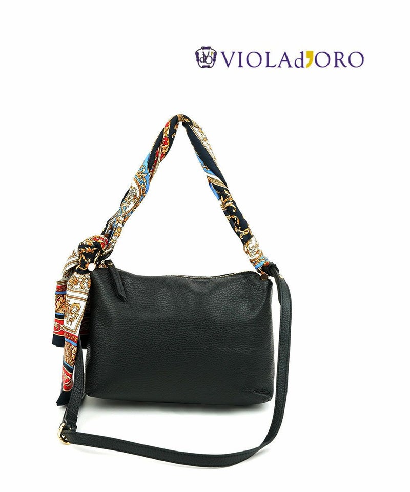 VIOLAd'ORO(ヴィオラドーロ) スカーフ使い 2WAY レザー ハンドバッグ ショルダーバッグ ブラック(BLK)