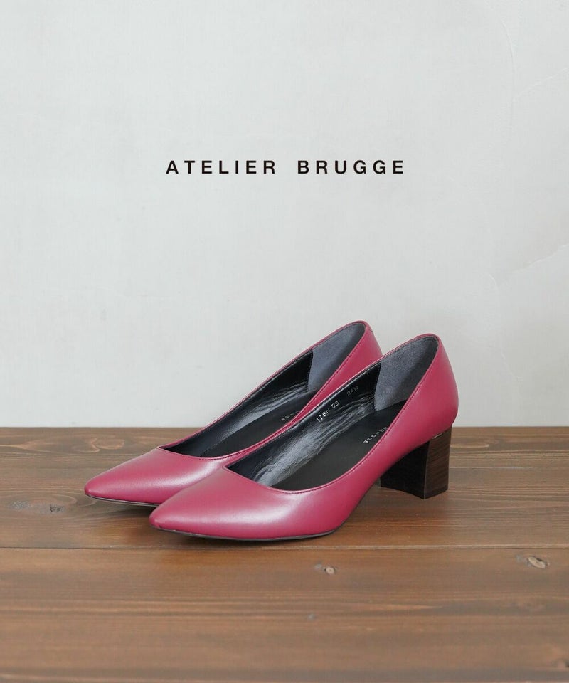 atelier brugge(アトリエブルージュ) レザー チャンキーヒール ポインテッドトゥ パンプス レッド(RED)