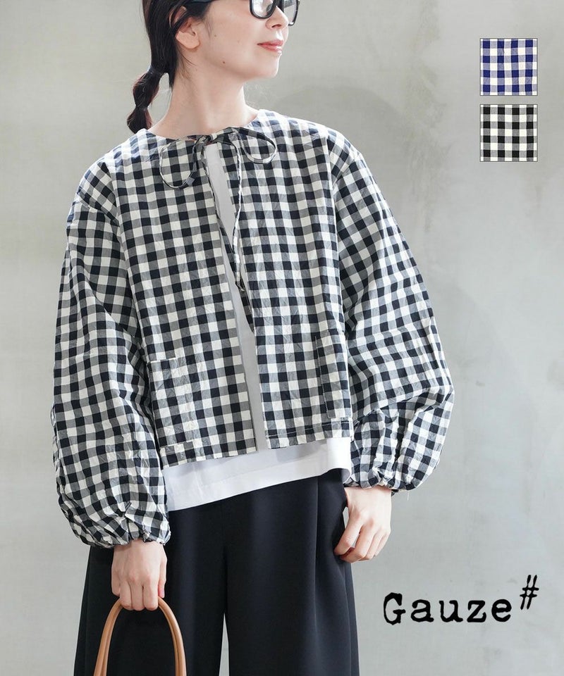 Gauze#(ガーゼ) ギンガムランタンスリーブブラウス ネイビーギンガム(NVYG)