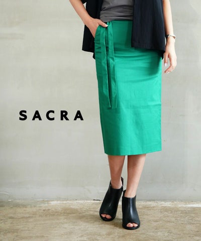 SACRA(サクラ) コットンリネンストレッチ ウエストリボン付きタイトスカート