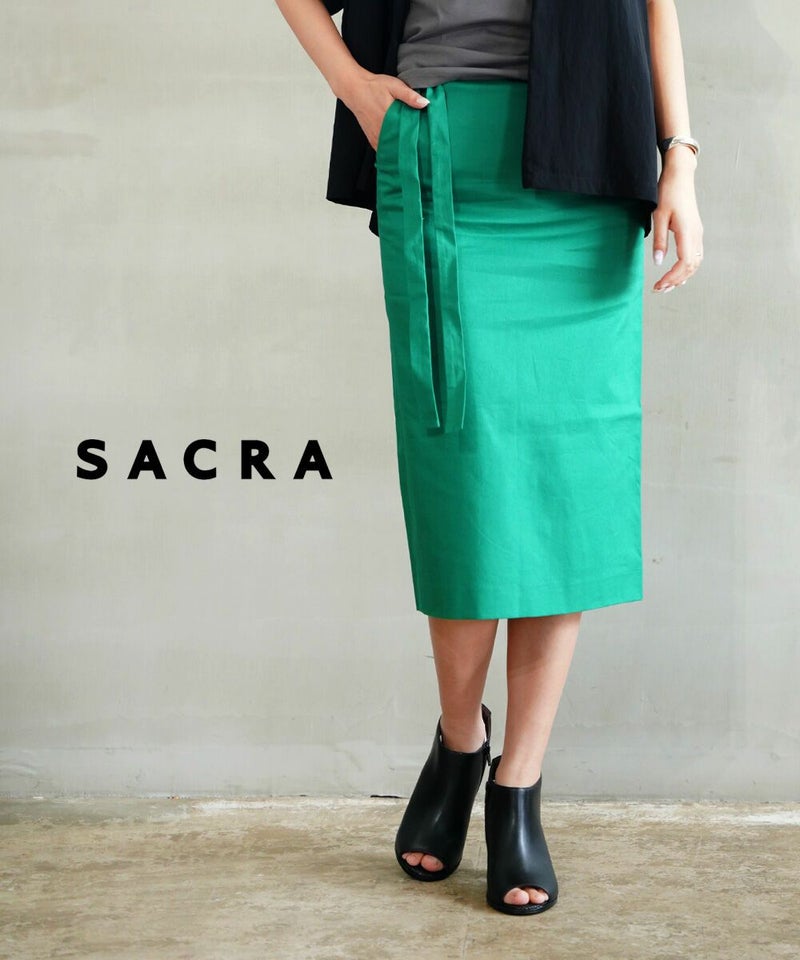SACRA(サクラ) コットンリネンストレッチ ウエストリボン付きタイトスカート グリーン(830)