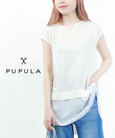 PUPULA(ププラ) リネンニット×ジャージストライプノースリーブプルオーバー