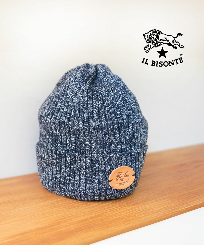IL BISONTE(イルビゾンテ) レザーパッチ付き ニットキャップ 綿麻 ネイビー(39)