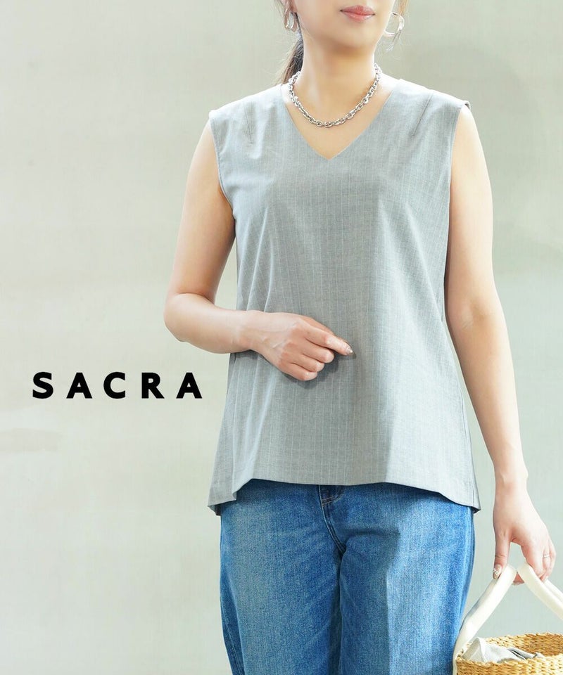 SACRA(サクラ) ピンストライプ ノースリーブ Vネックブラウス グレー(920)