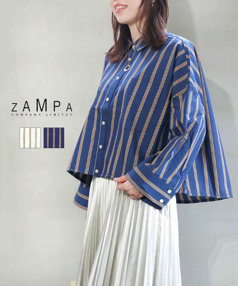 ZAMPA(ザンパ) 先染ストライプ柄ワイドドロストシャツ ホワイト(02)