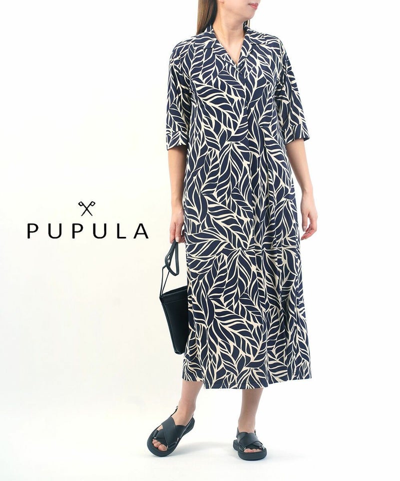 PUPULA(ププラ) リーフプリントスムース 5分袖 シャツカラー ワンピース ネイビー(75)