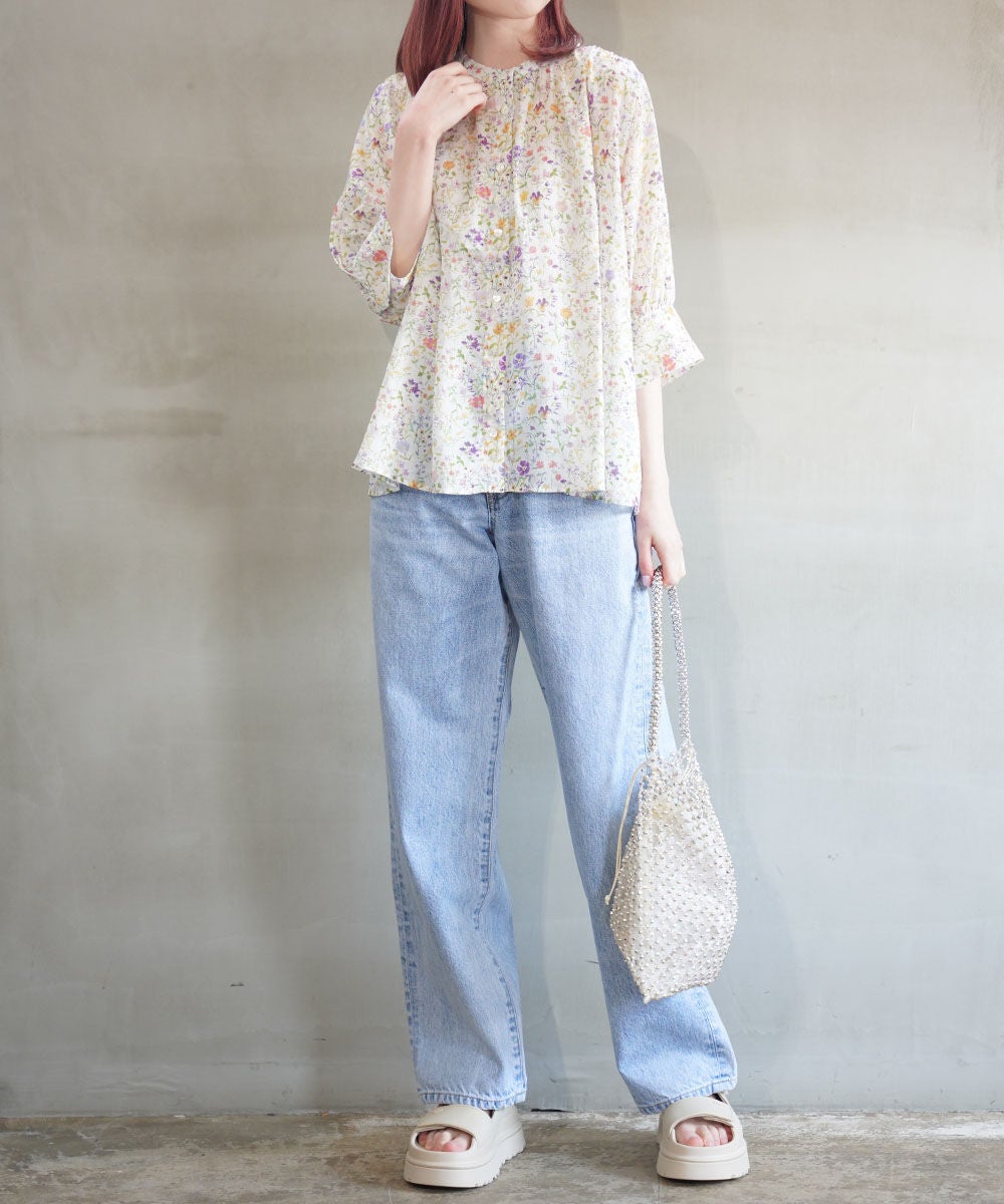sosotto(ソソット)LIBERTYシルフローン ギャザーブラウス 6分袖 | BLEU