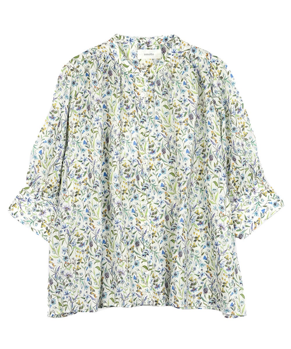 sosotto(ソソット)LIBERTYシルフローン ギャザーブラウス 6分袖 | BLEU