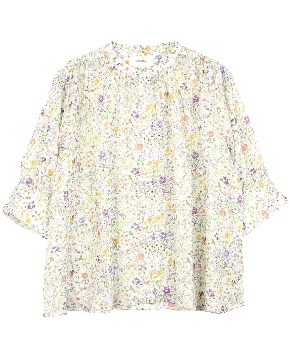 sosotto(ソソット)LIBERTYシルフローン ギャザーブラウス 6分袖 | BLEU