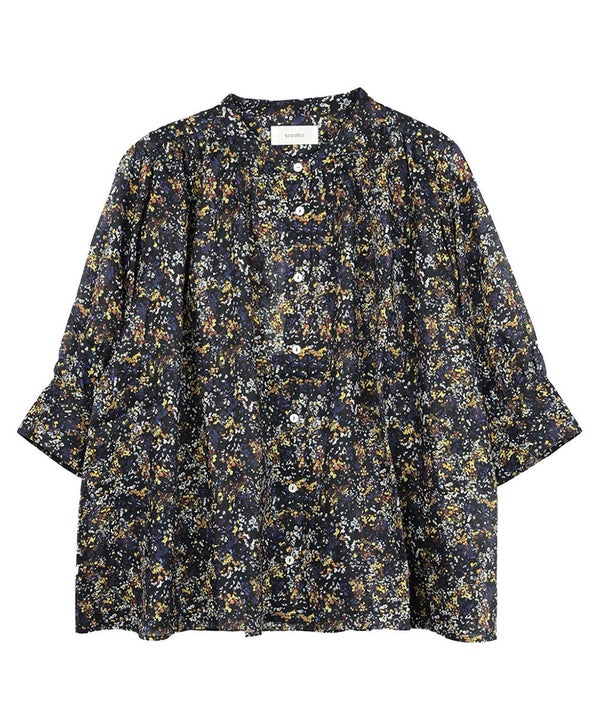 sosotto(ソソット)LIBERTYシルフローン ギャザーブラウス 6分袖 | BLEU 