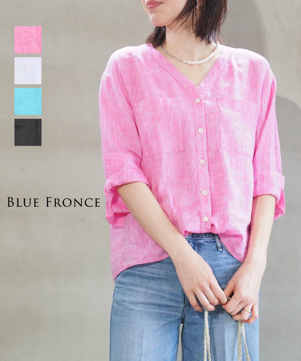 BLUE FRONCE(ブルーフロンセ)フレンチリネンVネックブラウス | BLEU BLUE FRONCE(ブルーフロンセ)フレンチリネンVネックブラウス | BLEU