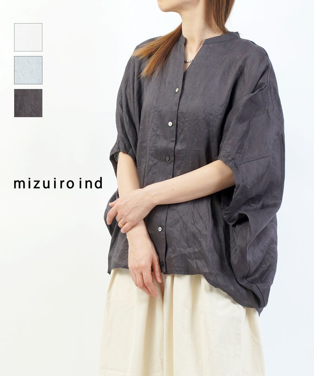 mizuiro ind(ミズイロインド)リネンスタンドカラーコクーンシャツ
