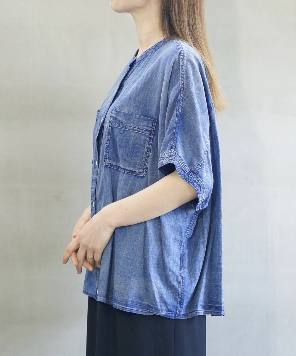 【huitieme nid】 シアー デニムシャツ 半袖 フレンチスリーブ huitieme nid(ユイティーム)シアーデニム フレンチデニムシャツ | BLEU
