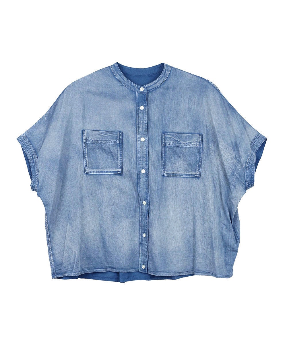 【huitieme nid】 シアー デニムシャツ 半袖 フレンチスリーブ huitieme nid(ユイティーム)シアーデニム フレンチデニムシャツ | BLEU