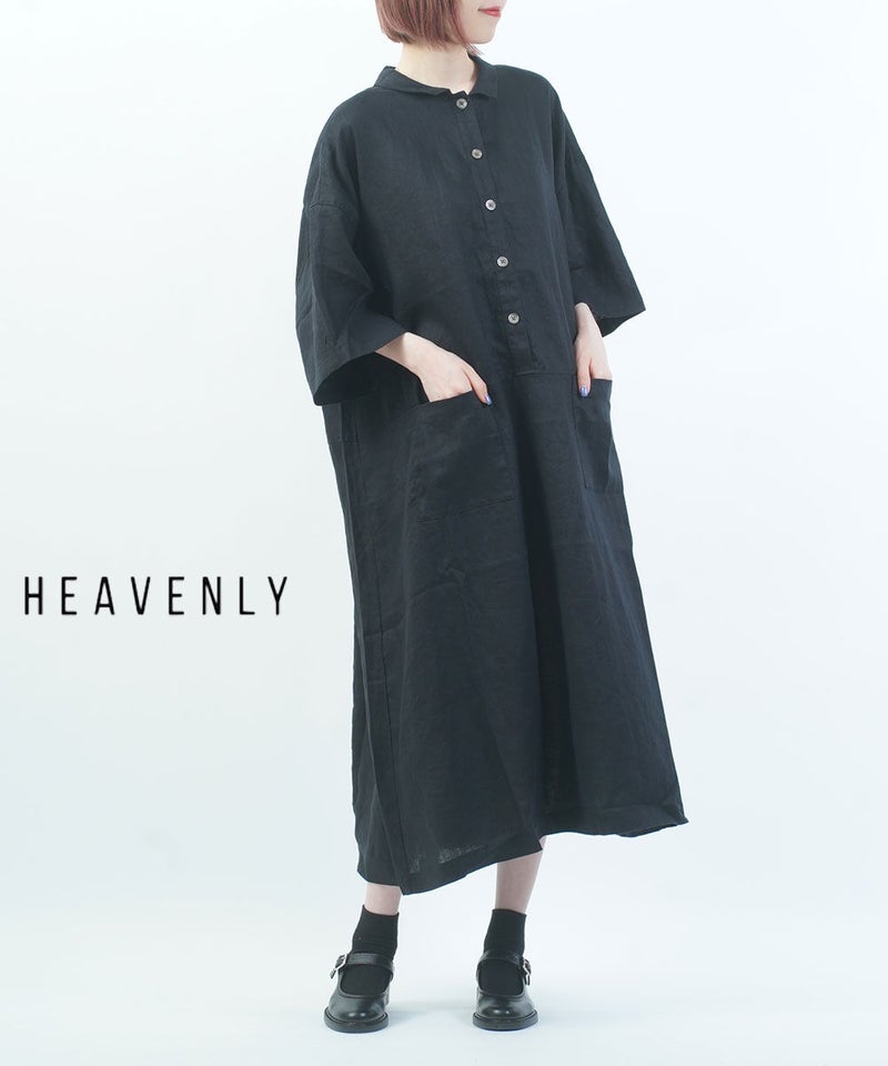 HEAVENLY(ヘブンリー) リネンポロカラー6分袖ワンピース ブラック(BLK)