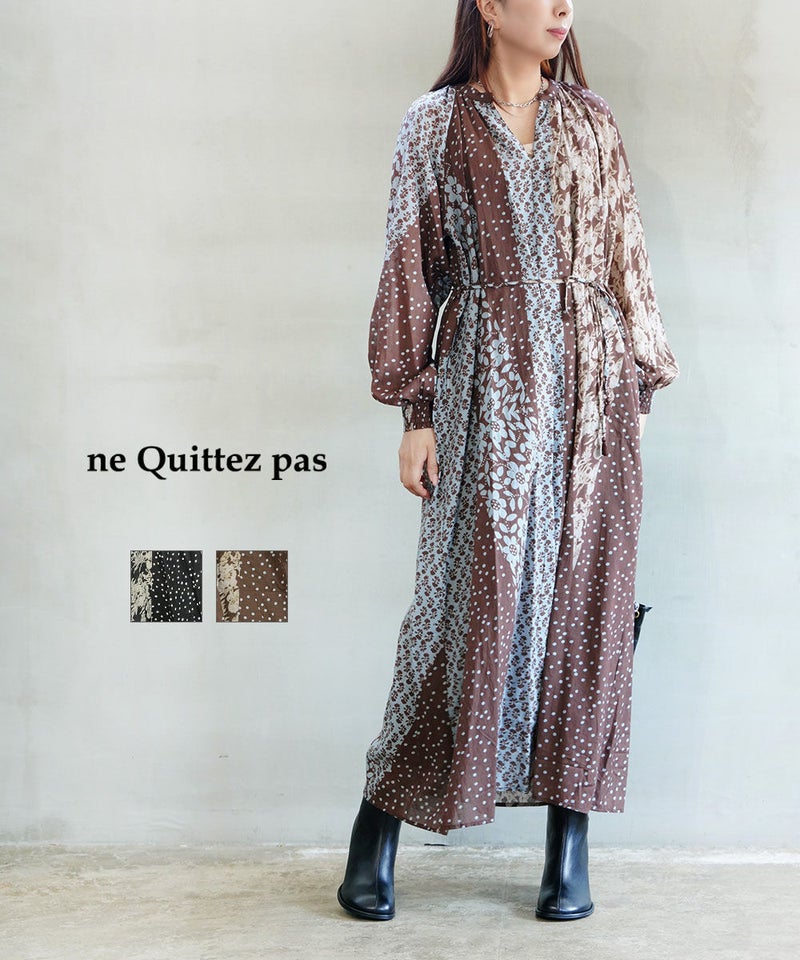 ne Quittez pas(ヌキテパ) Cotton Rayon Patchwork Flower Print Dress BLACK(BLK)