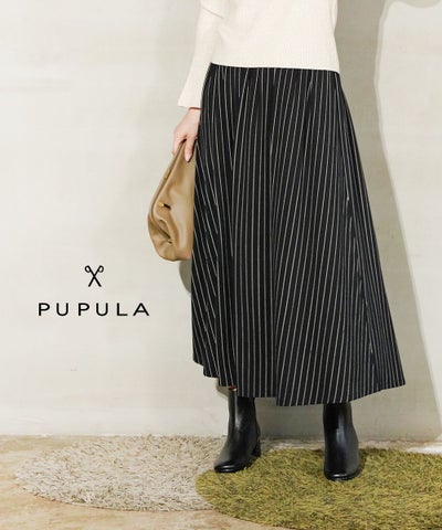 PUPULA(ププラ) ストレッチレーヨン ストライプ柄 フレアスカート