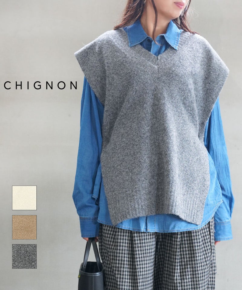 CHIGNON(シニヨン) サイドオープンVネックニットベスト アイボリー(IVO)