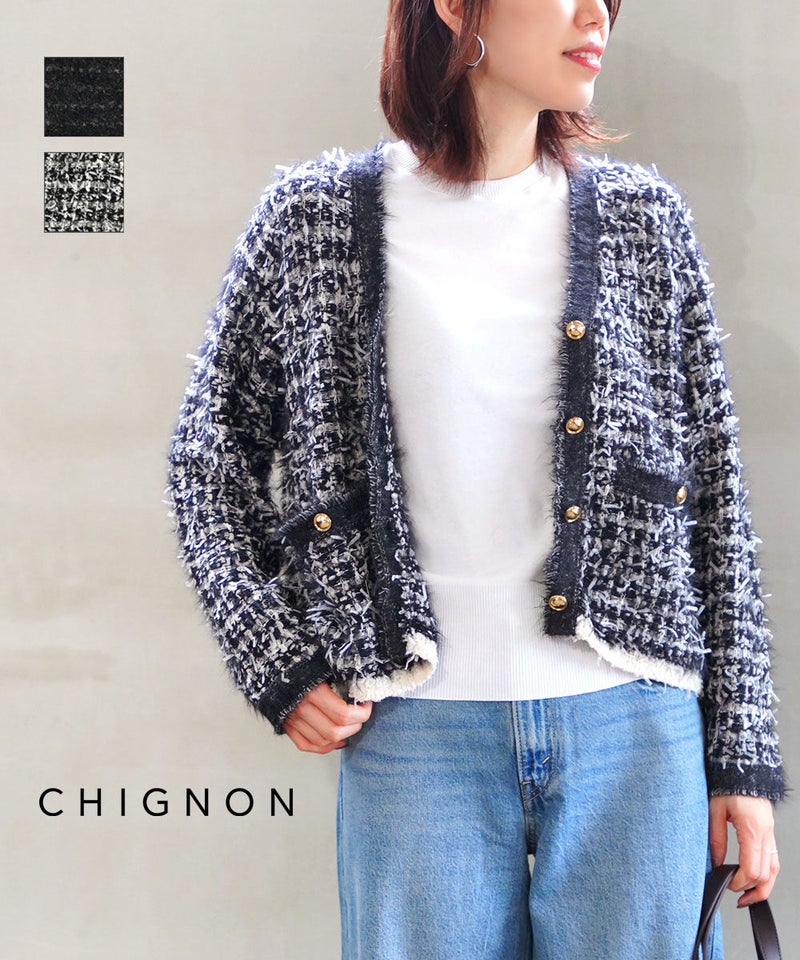 CHIGNON(シニヨン) フェザーツイードニットカーディガン ブラック(BLK)
