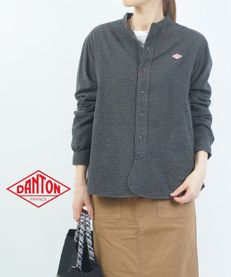 DANTON(ダントン) バンドカラー長袖シャツプルオーバー BLACK×CHARCOAL CHECK(BKCHC)