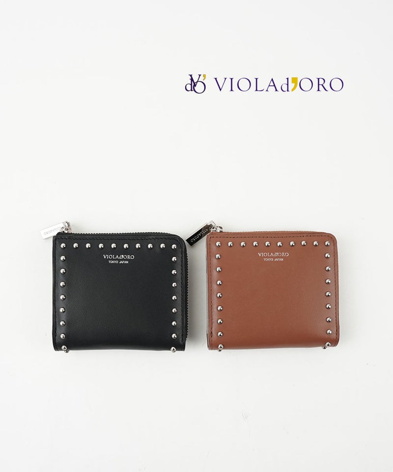 VIOLAd'ORO(ヴィオラドーロ) スタッズ付き 二つ折り財布 PORTA ブラック/ライトトープ(BKLTA)