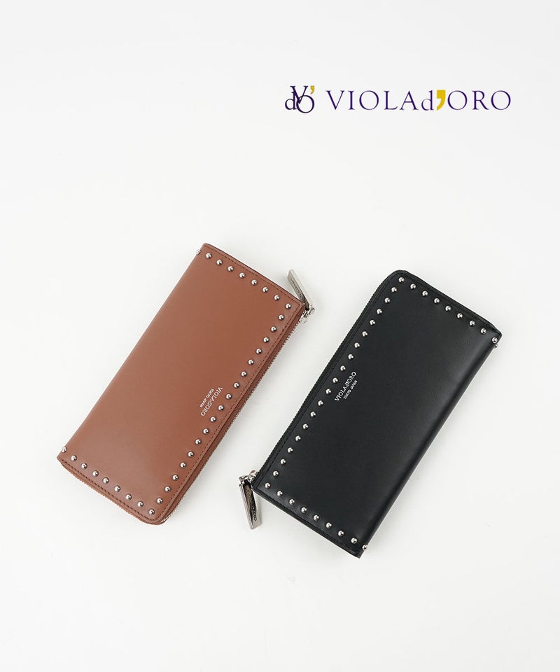 VIOLAd'ORO(ヴィオラドーロ) スタッズ付き L字型 長財布 PORTA ブラック/ライトトープ(BKLTA)