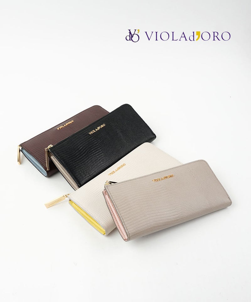 VIOLAd'ORO(ヴィオラドーロ) リザード型押しレザー L字型長財布 PORTA ブラック/ライトトープ(BKLT)