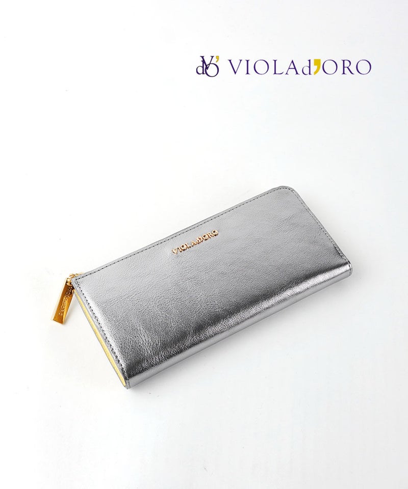 VIOLAd'ORO(ヴィオラドーロ) メタリックレザー L字型長財布 PORTA シルバー/シトラス(SIL)