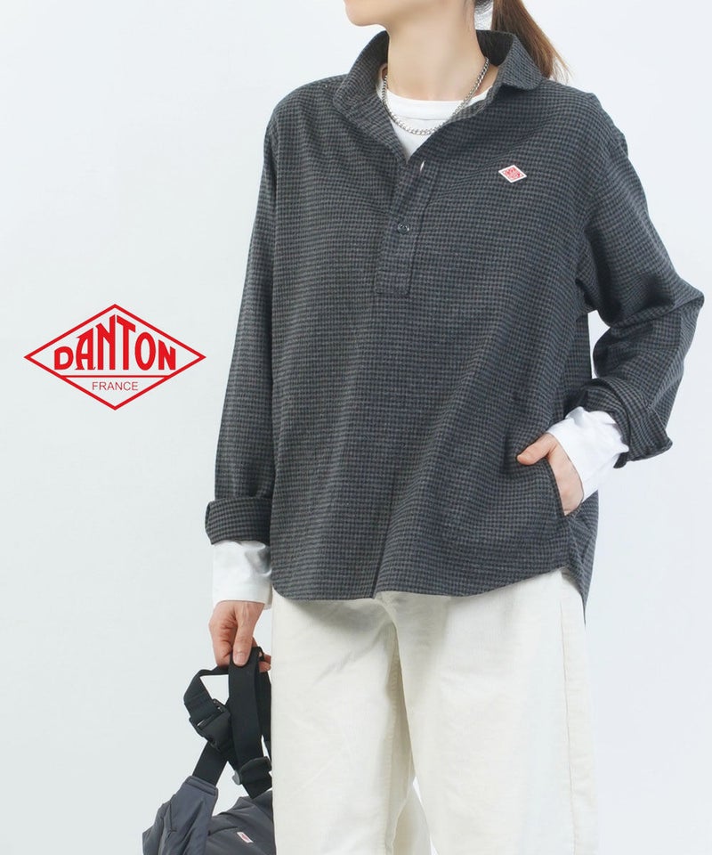 DANTON(ダントン) ラウンドカラー長袖シャツプルオーバー BLACK×CHARCOAL CHECK(BKCHC)