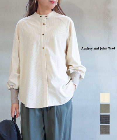 audrey and john wad(オードリーアンドジョンワッド) リブ付きバンドカラーラグランスリーブシャツ